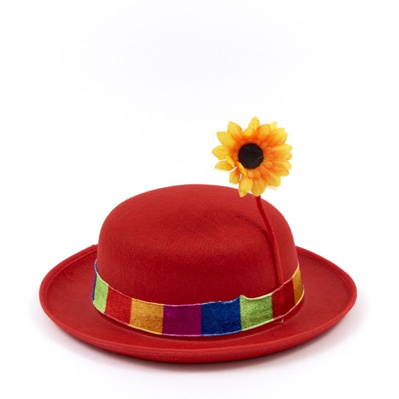 clownhut-charly-rot<br>
aus Filz in rot mit Sonnenblume
<br>
Home/Accessoires/Hüte & Kappen<br>
[http://www.pierros.de/produkt/clownhut-charly-rot, jetzt auf Pierros.de kaufen]  - Pierros Accessoires - Mayen- Bild 1