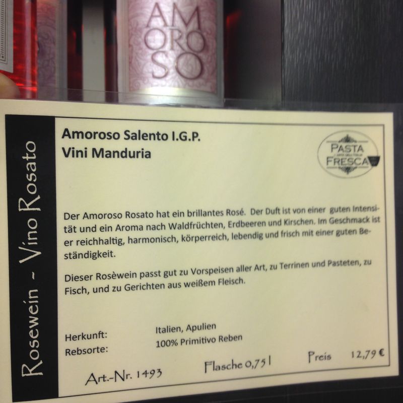 Amoroso Salento I.G.P. Vini Manduria - Wein aus Apulien - Wein aus Italien - Pasta Fresca & Co Feinkost - Kirchheim unter Teck- Bild 2