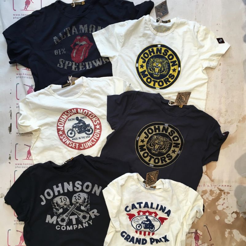 Johnson Motors SS2016, wieder im Sortiment: T-Shirts aus California mit 6 verschiedenen Motiven, Grössen : M bis XXL, EUR 80,- - Kentaurus Pferdelederjacken - Köln- Bild 1