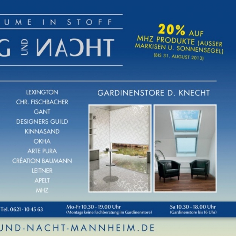 Sommer-Sonnenschutz-Aktion: 20% auf alle MHZ Produkte (ausser Markisen & Sonnensegel)
bis 31.08.2013 - Tag und Nacht Gardinenstore - Mannheim- Bild 2
