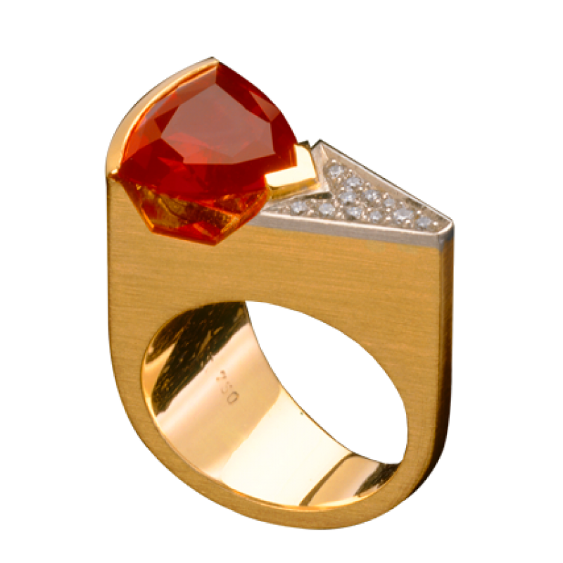Ring aus Gold 750/000 mit einem mexikanischen Feueropal und Brillanten in Platin gefasst. - Blair Schmuck - Stuttgart